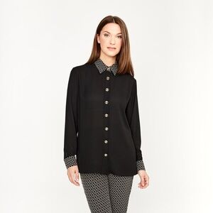 Sabrina Lauren New Small Black Button-Front Blouse with Patterned Collar & Cuffs